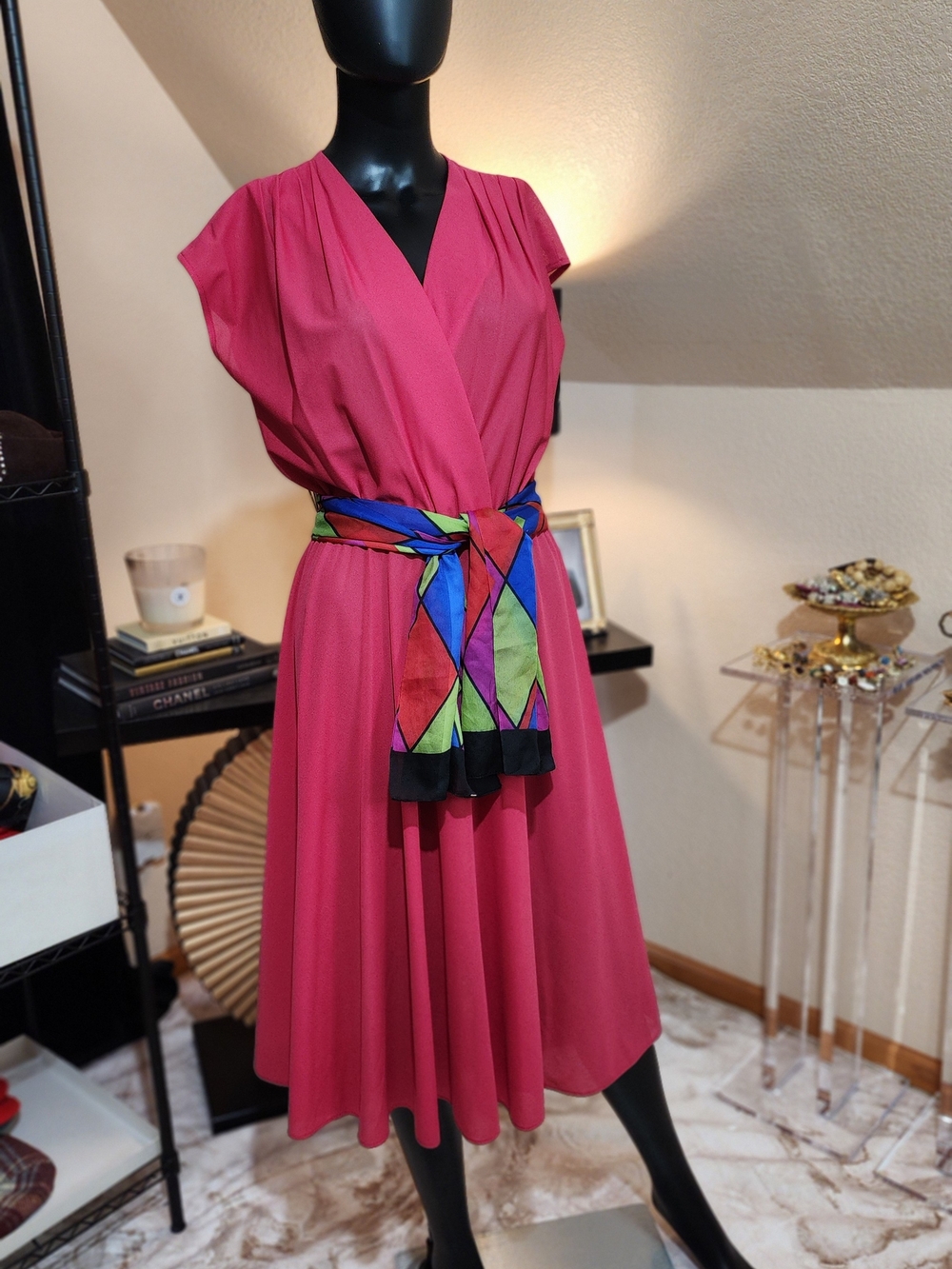Vintage 1970s Raspberry Chiffon Midi Dress Flutter Sleeve Pull On Boho Fits S/M